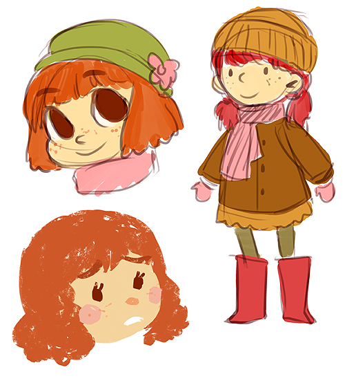 Warmly colored character concept drawings