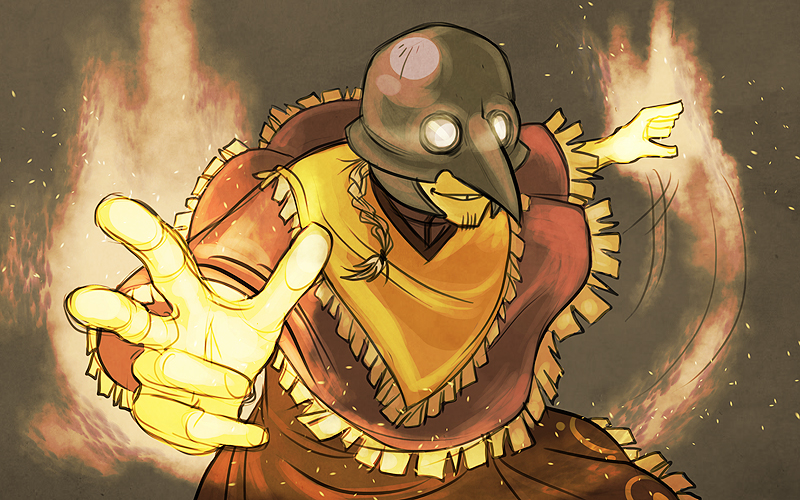 A dramatic character illustration with glowing hands
